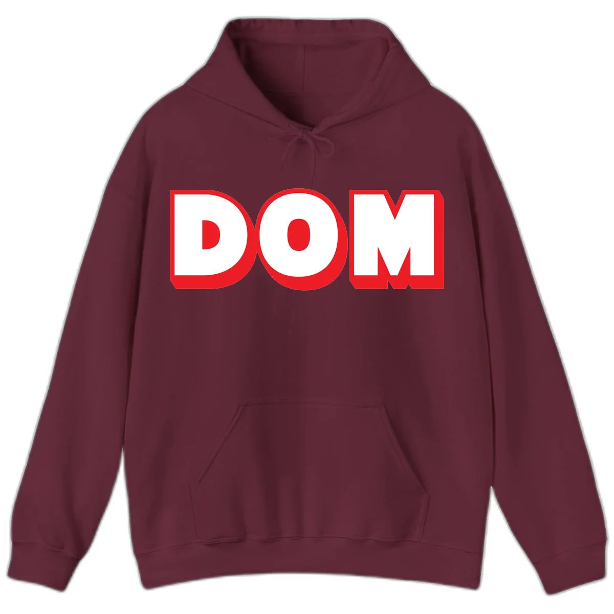 Bold red and white DOM typography design with thick sans-serif letters on gray background in Maroon