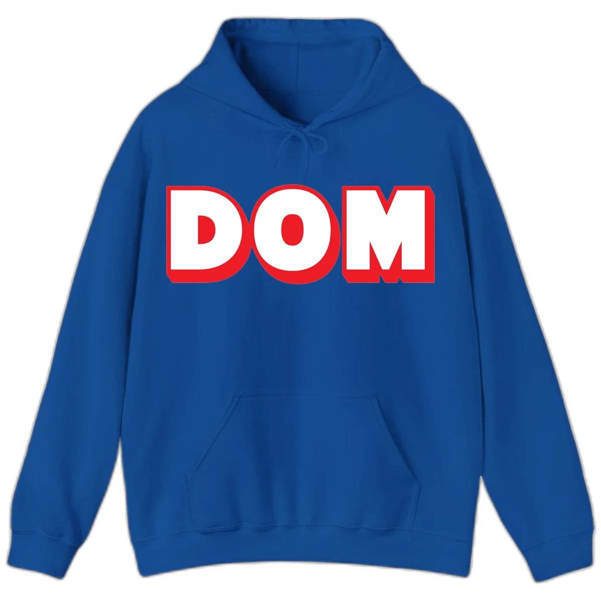 Bold red and white DOM typography design with thick sans-serif letters on gray background in Royal