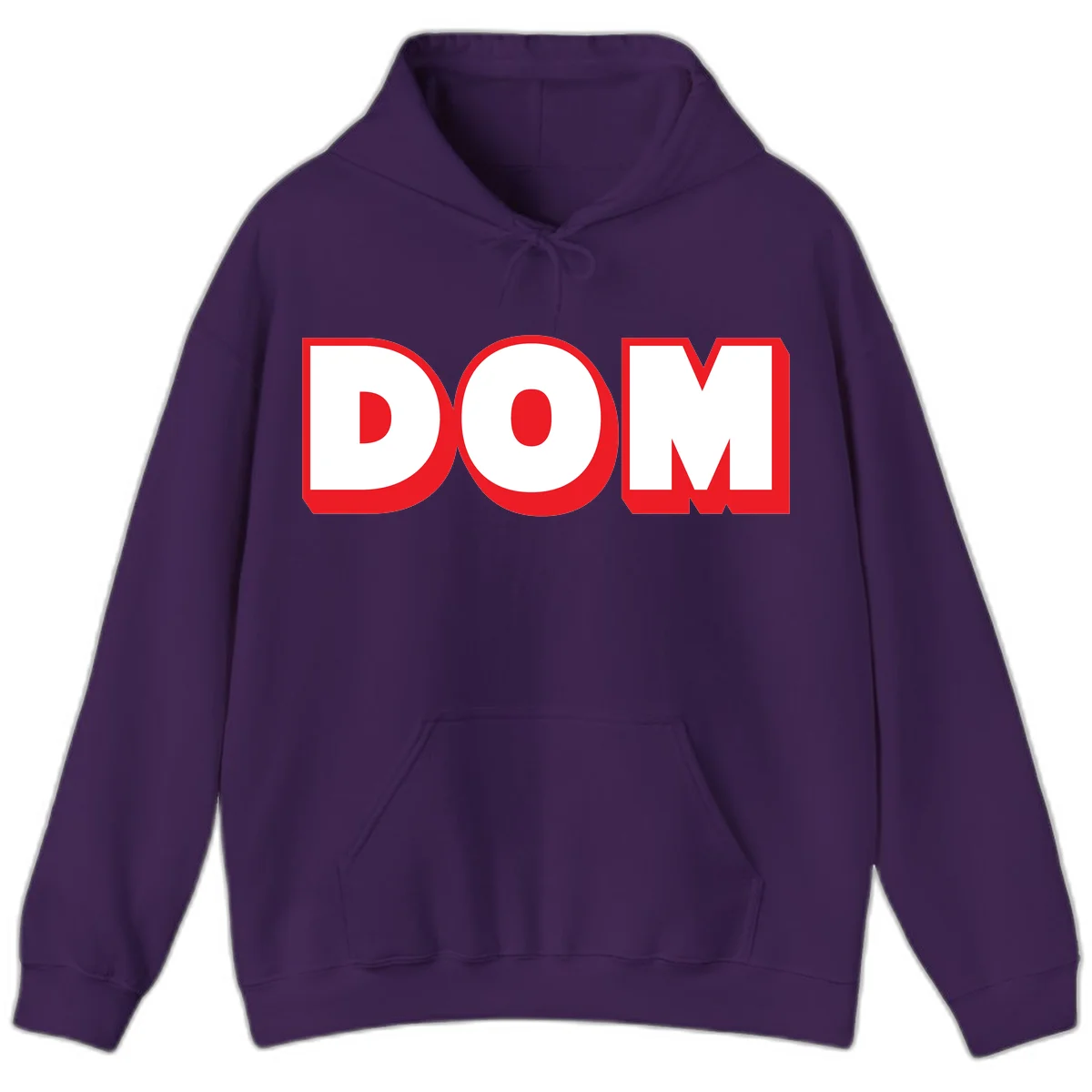 Bold red and white DOM typography design with thick sans-serif letters on gray background in Purple