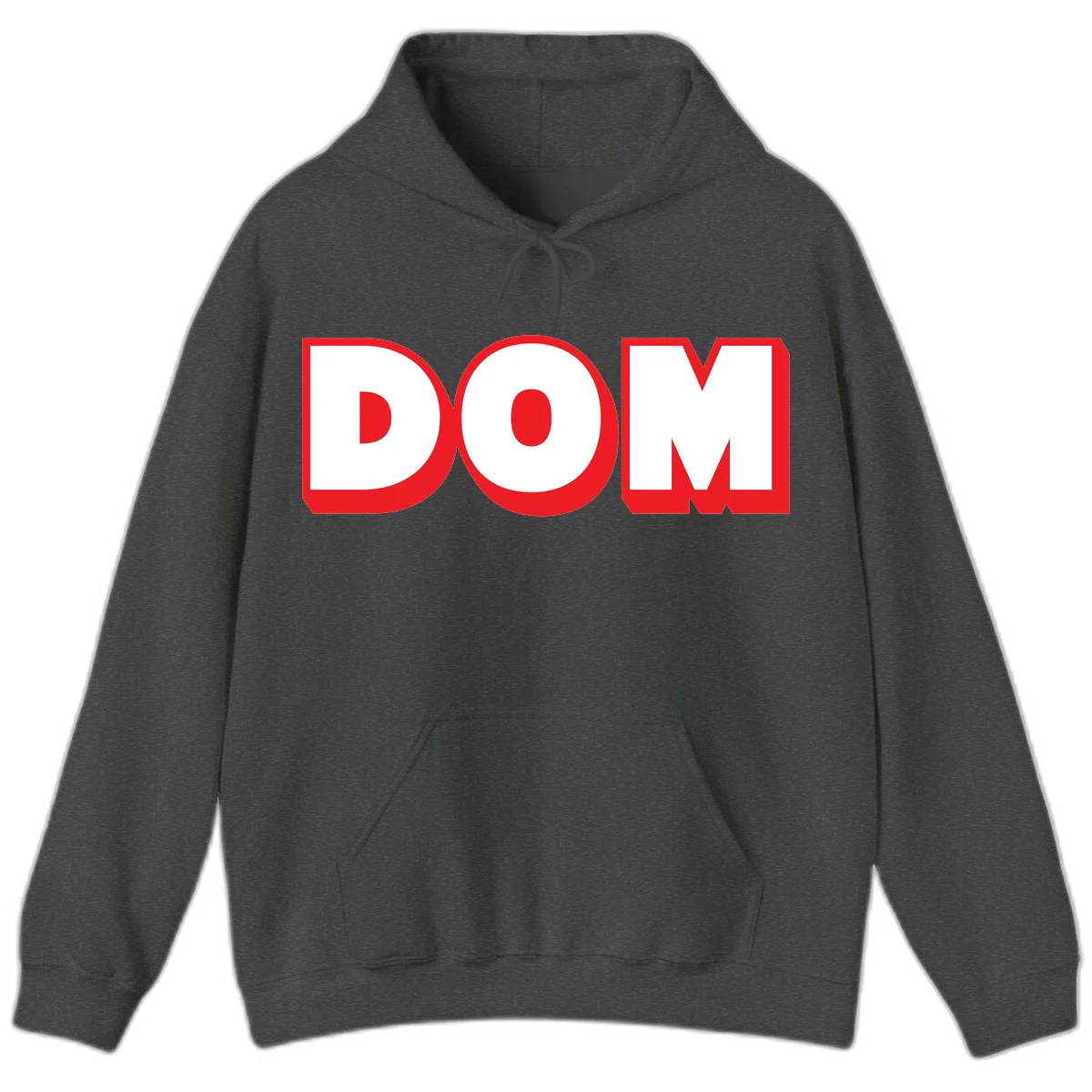 Bold red and white DOM typography design with thick sans-serif letters on gray background in Dark Heather