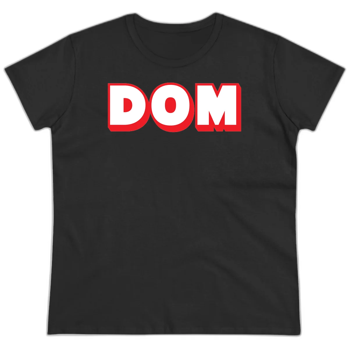 Bold red and white DOM typography design with thick sans-serif letters on gray background in Black