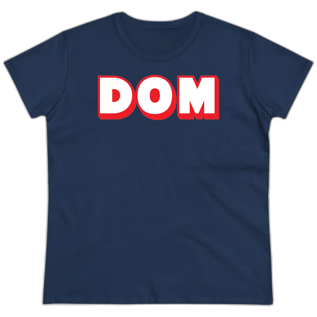 Bold red and white DOM typography design with thick sans-serif letters on gray background in Navy