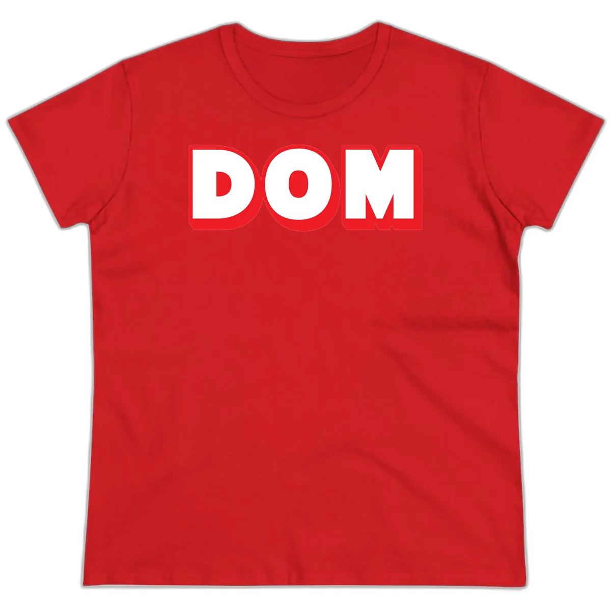 Bold red and white DOM typography design with thick sans-serif letters on gray background in Red