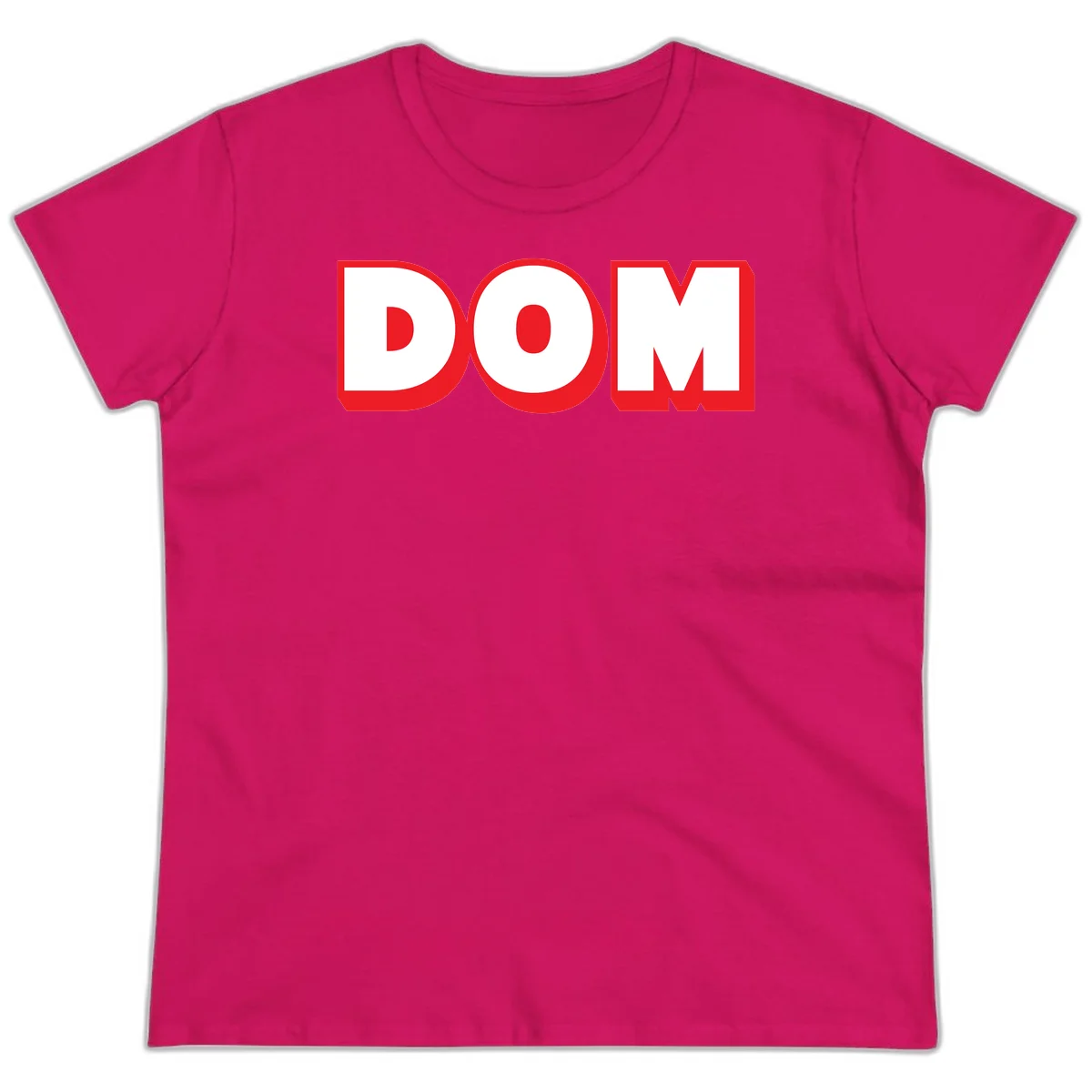 Bold red and white DOM typography design with thick sans-serif letters on gray background in Heliconia