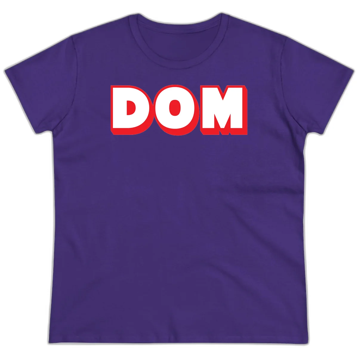 Bold red and white DOM typography design with thick sans-serif letters on gray background in Purple