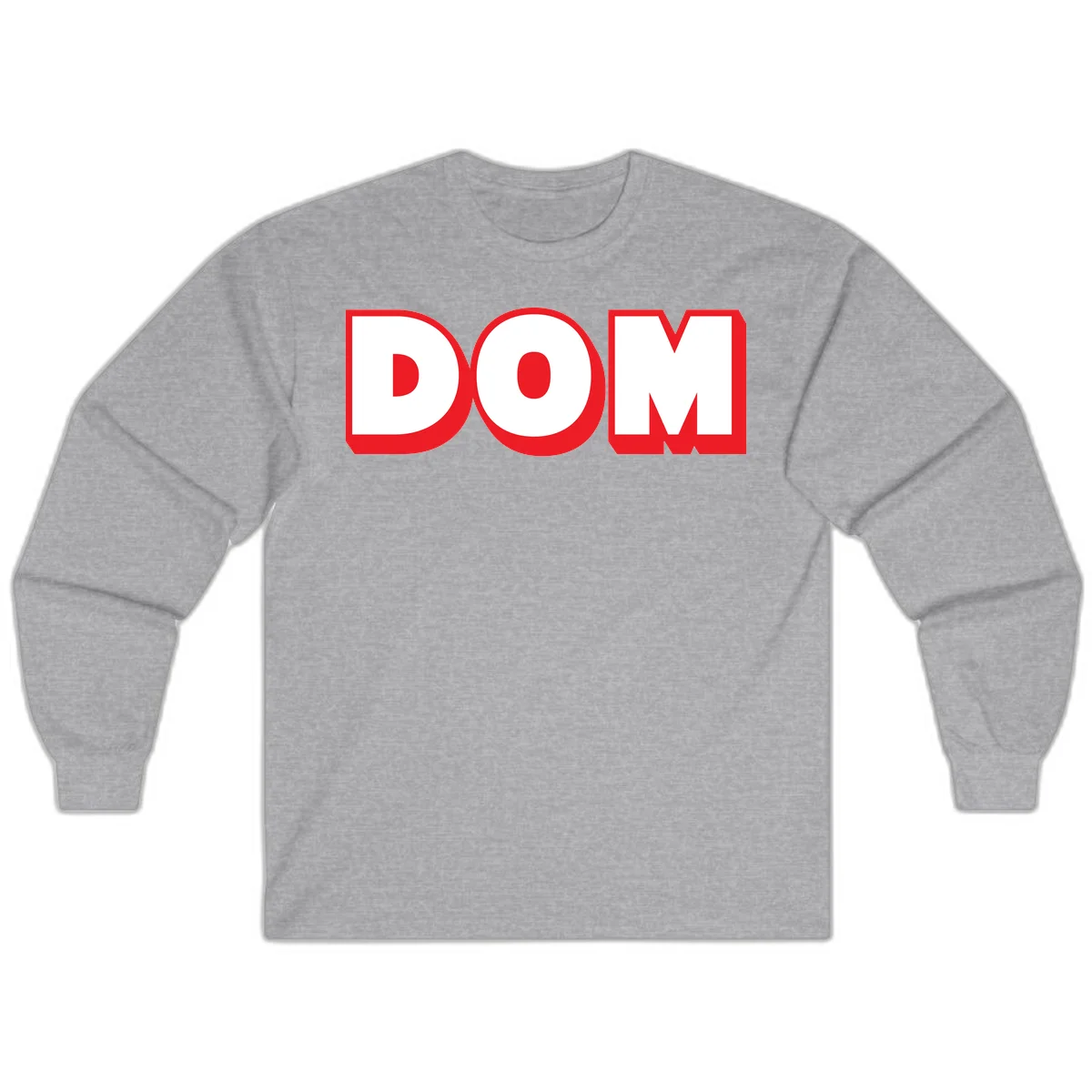 Bold red and white DOM typography design with thick sans-serif letters on gray background in Sport Grey