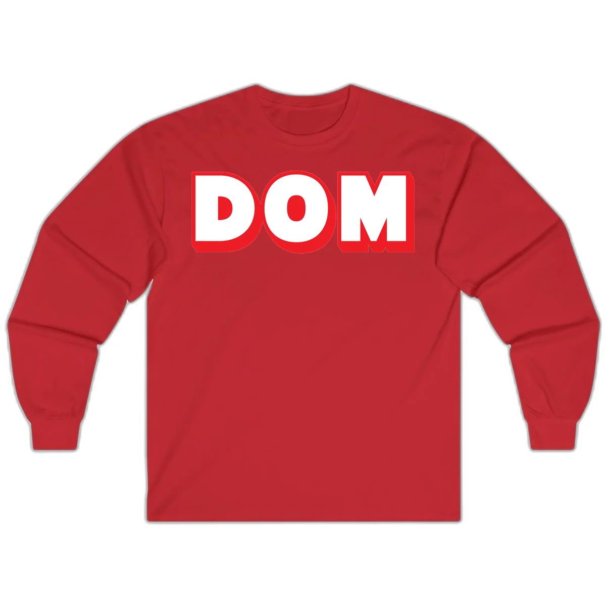 Bold red and white DOM typography design with thick sans-serif letters on gray background in Red