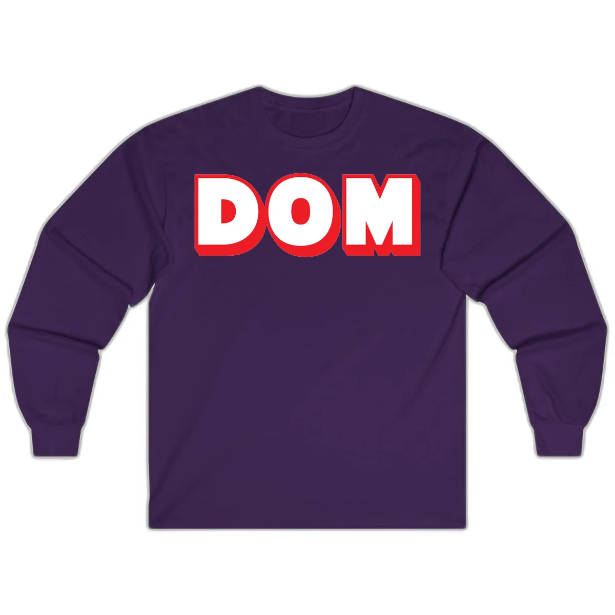 Bold red and white DOM typography design with thick sans-serif letters on gray background in Purple