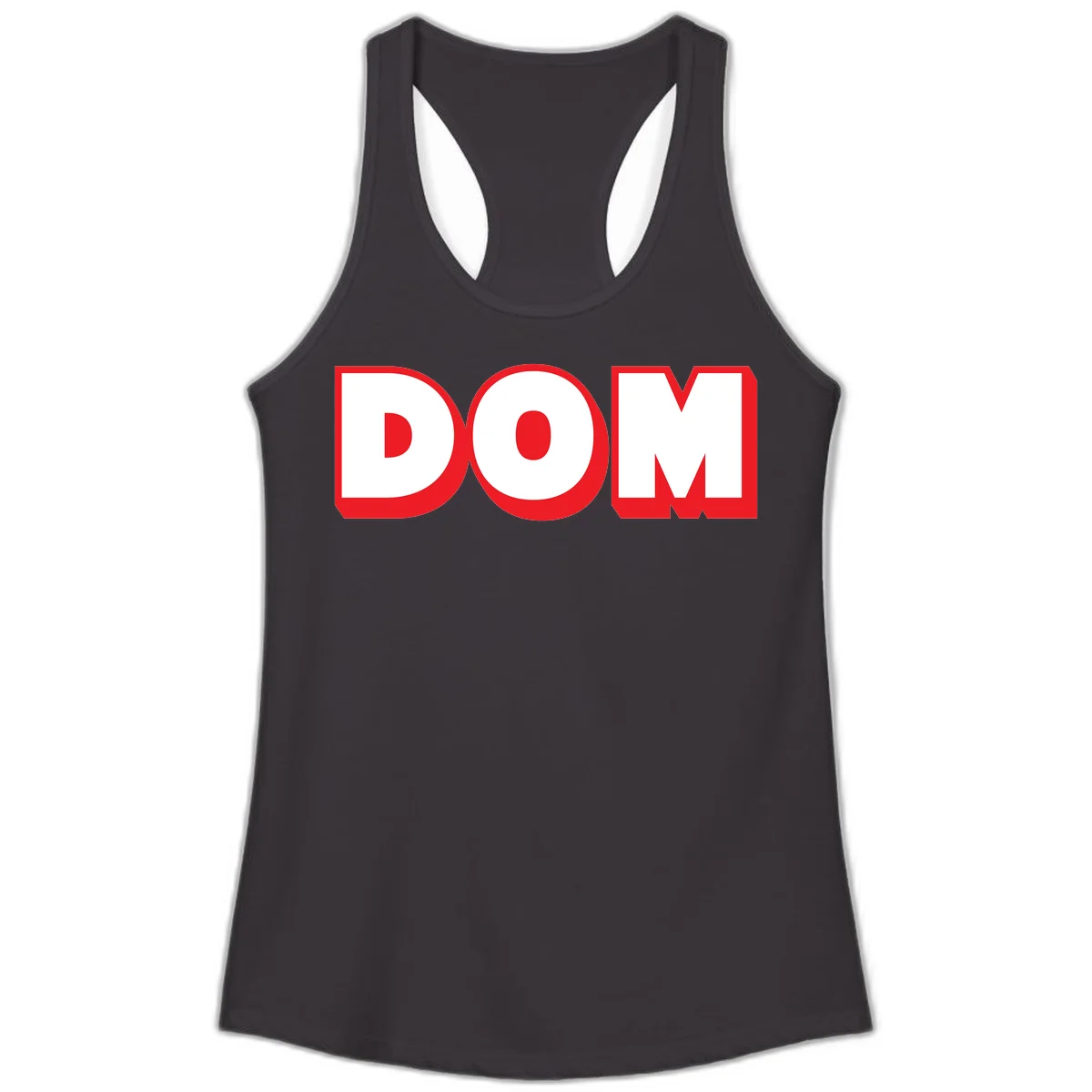 Bold red and white DOM typography design with thick sans-serif letters on gray background in Black