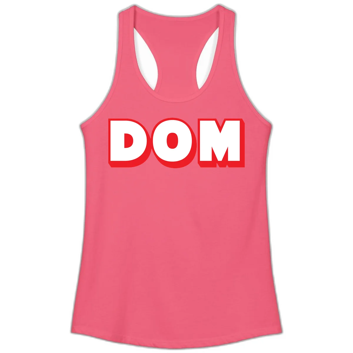 Bold red and white DOM typography design with thick sans-serif letters on gray background in Hot Pink