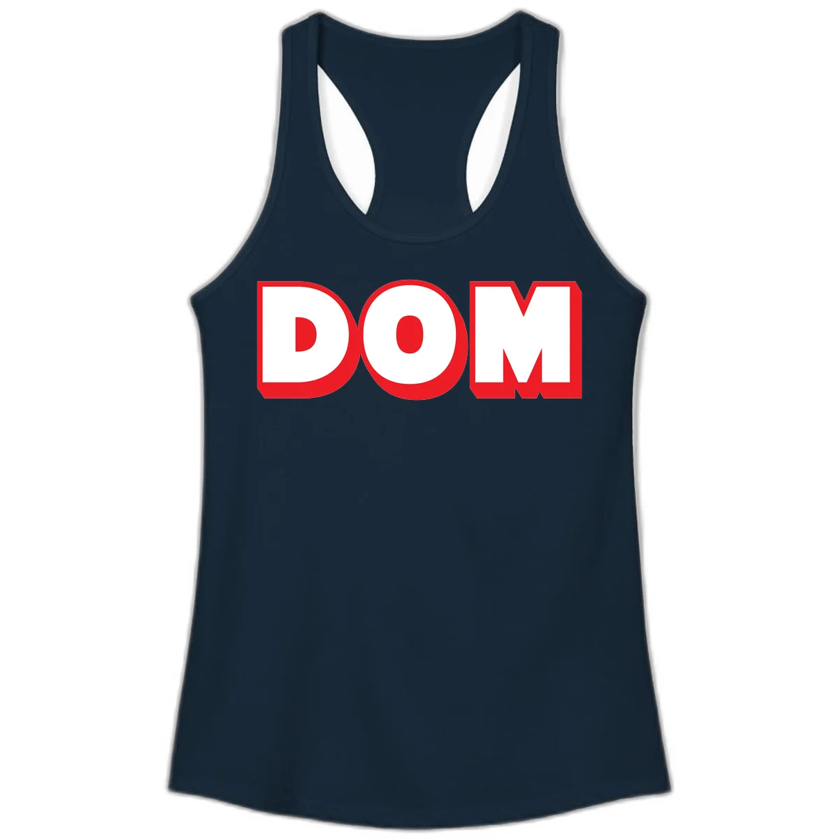 Bold red and white DOM typography design with thick sans-serif letters on gray background in Solid Midnight Navy