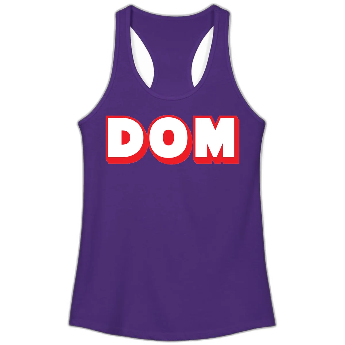 Bold red and white DOM typography design with thick sans-serif letters on gray background in Solid Purple Rush