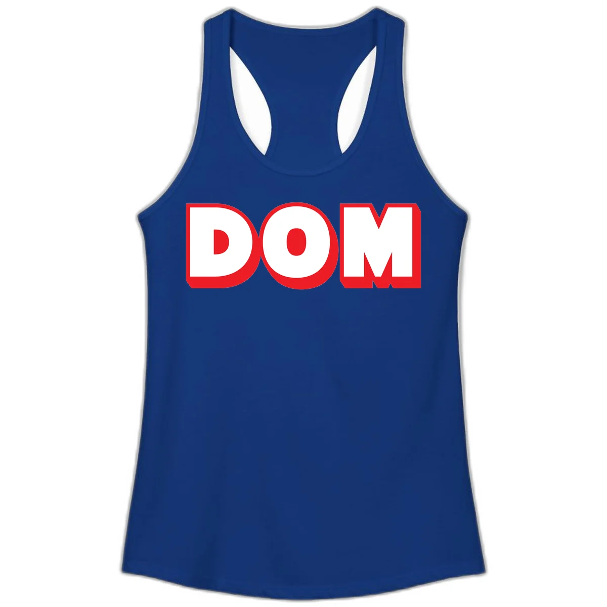 Bold red and white DOM typography design with thick sans-serif letters on gray background in Solid Royal