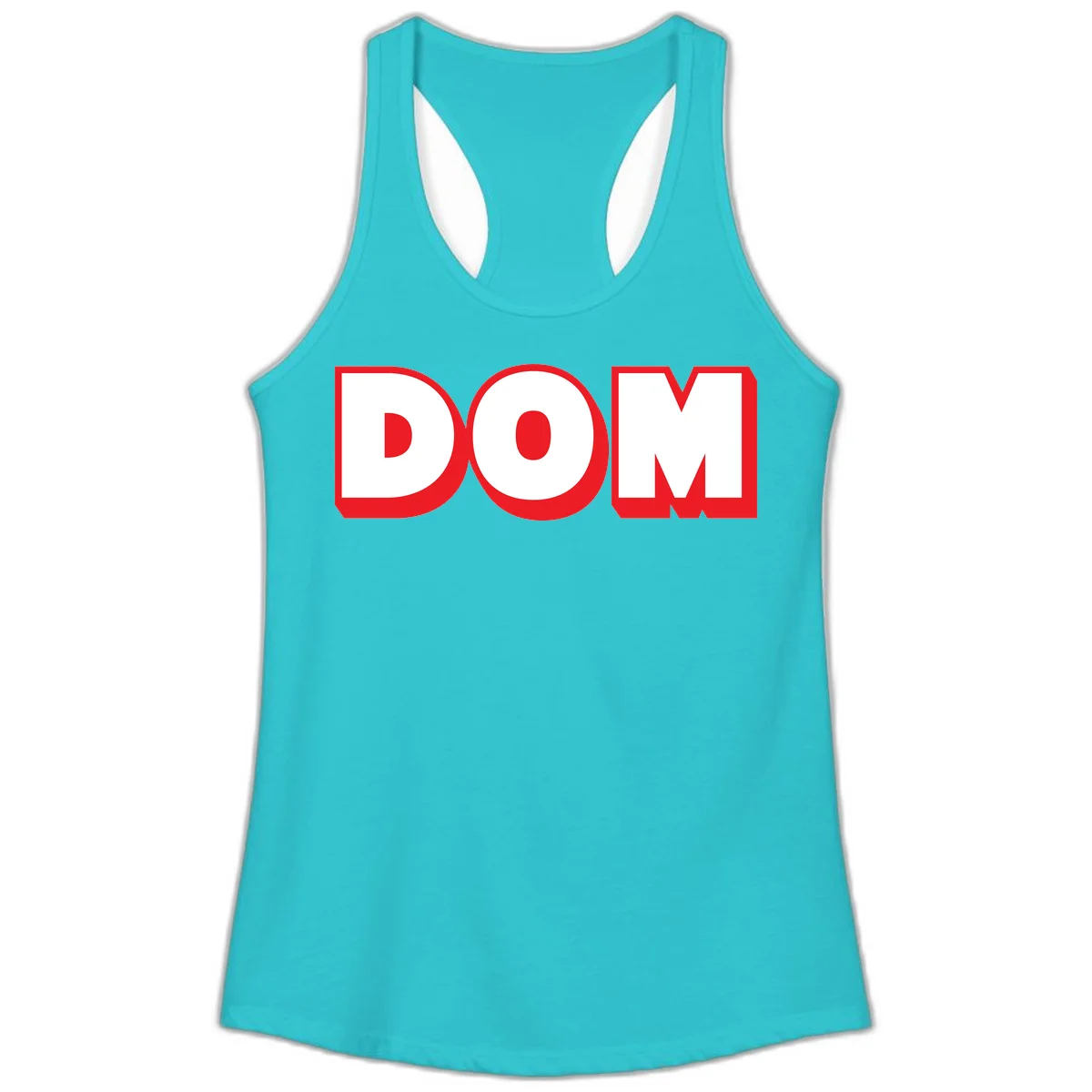 Bold red and white DOM typography design with thick sans-serif letters on gray background in Solid Tahiti Blue