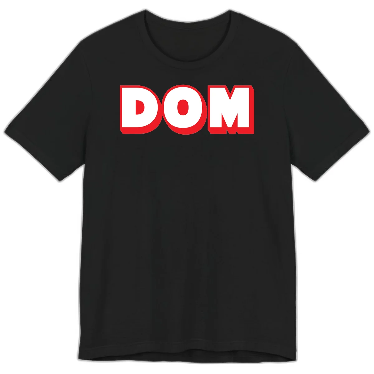 Bold red and white DOM typography design with thick sans-serif letters on gray background in Black