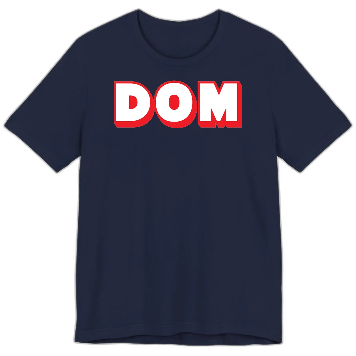 Bold red and white DOM typography design with thick sans-serif letters on gray background in Navy