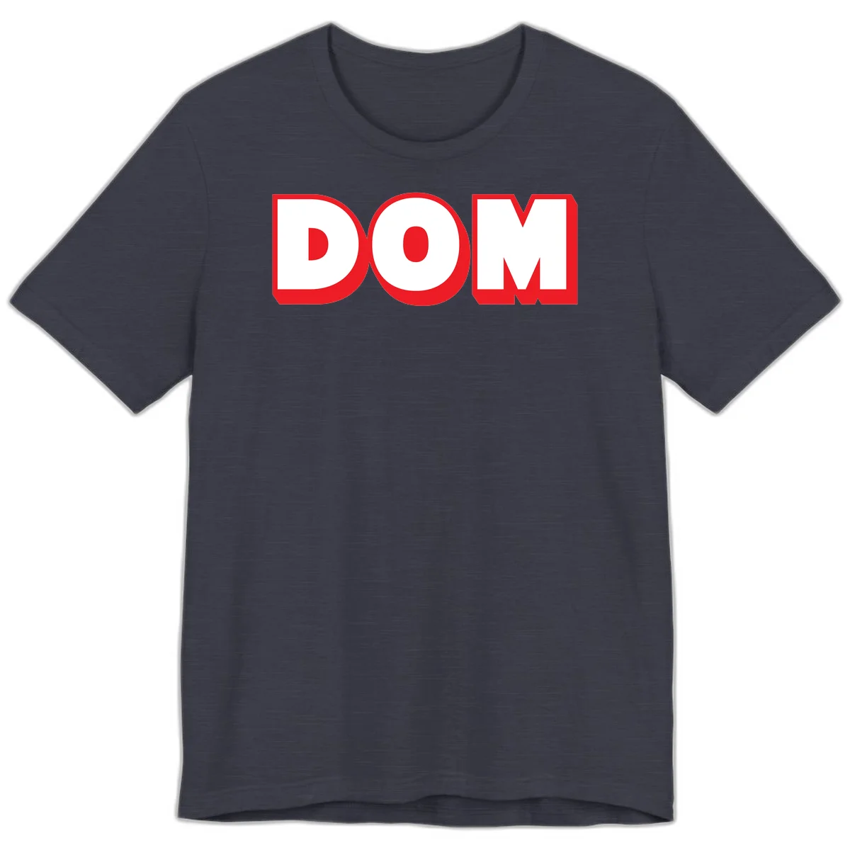 Bold red and white DOM typography design with thick sans-serif letters on gray background in Heather Midnight Navy