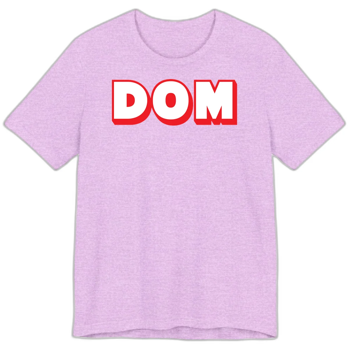 Bold red and white DOM typography design with thick sans-serif letters on gray background in Heather Prism Lilac