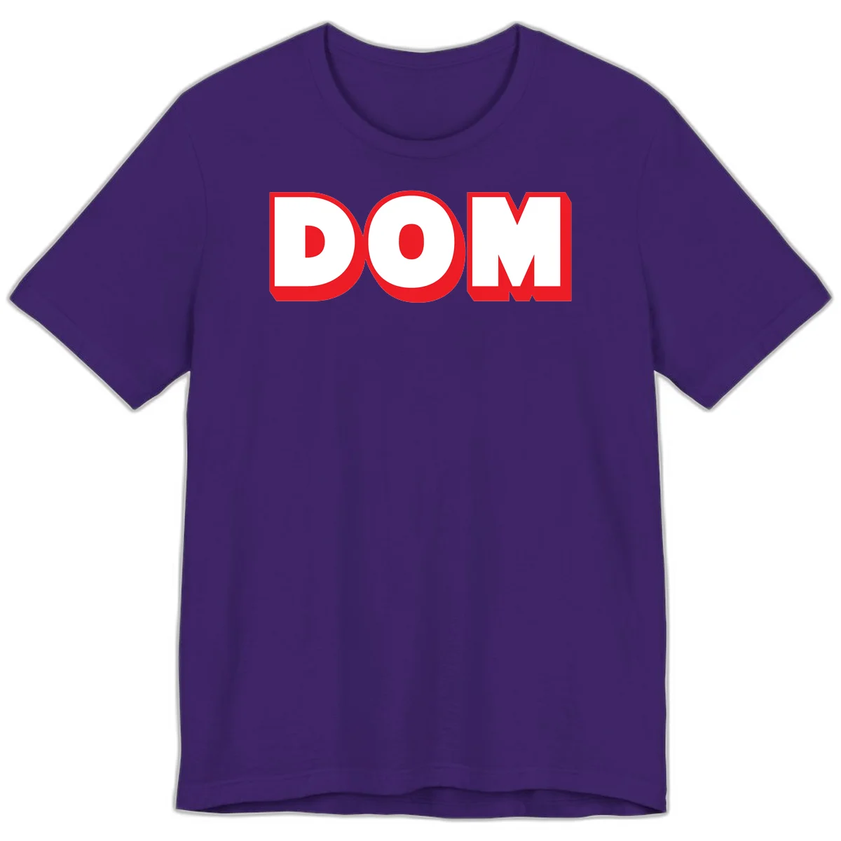 Bold red and white DOM typography design with thick sans-serif letters on gray background in Team Purple