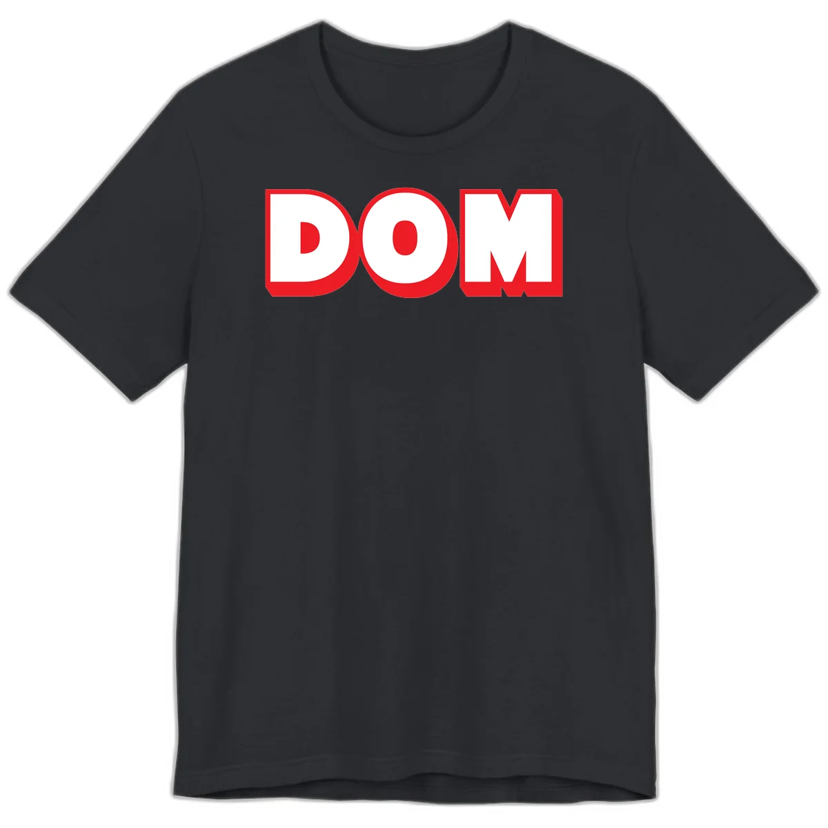 Bold red and white DOM typography design with thick sans-serif letters on gray background in Vintage Black