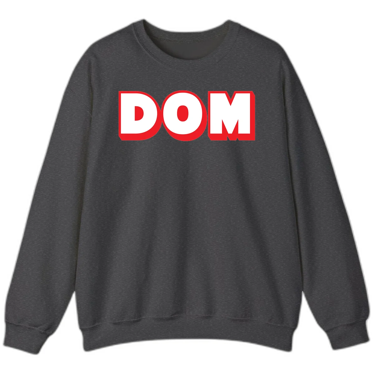 Bold red and white DOM typography design with thick sans-serif letters on gray background in Dark Heather