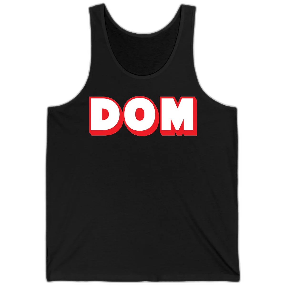 Bold red and white DOM typography design with thick sans-serif letters on gray background in Black