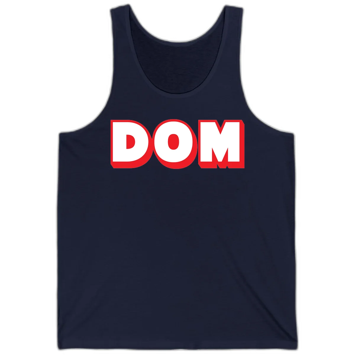 Bold red and white DOM typography design with thick sans-serif letters on gray background in Navy