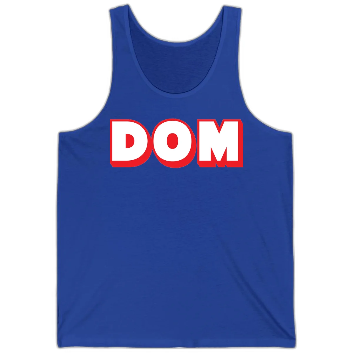 Bold red and white DOM typography design with thick sans-serif letters on gray background in True Royal