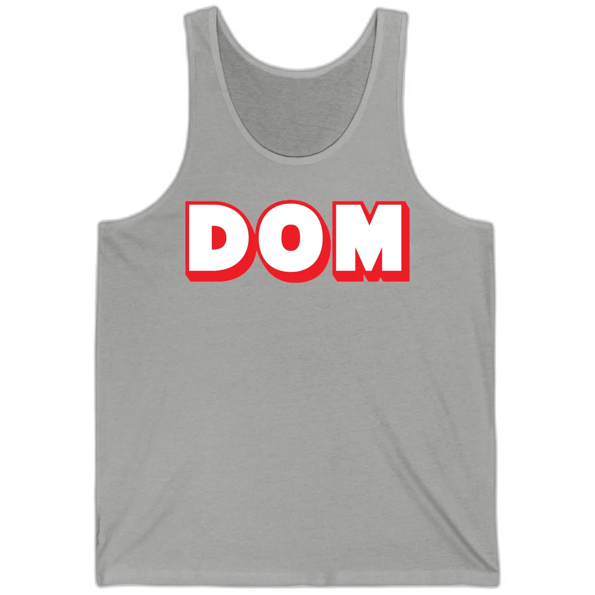 Bold red and white DOM typography design with thick sans-serif letters on gray background in Athletic Heather