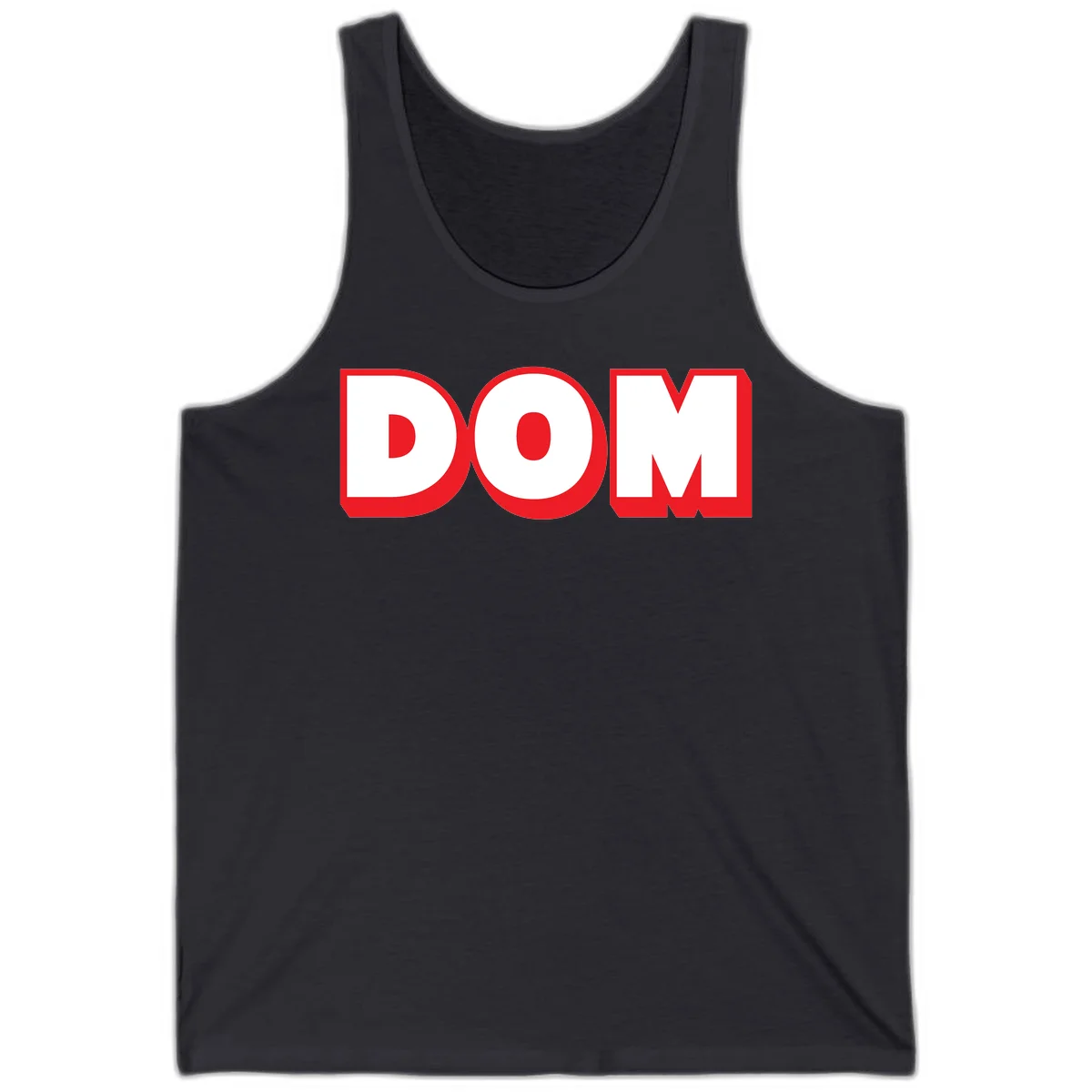 Bold red and white DOM typography design with thick sans-serif letters on gray background in Dark Grey