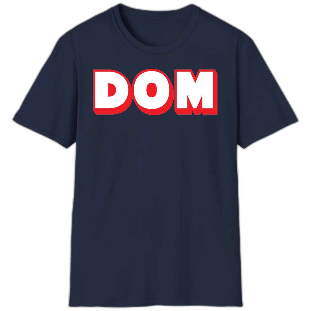 Bold red and white DOM typography design with thick sans-serif letters on gray background in Navy