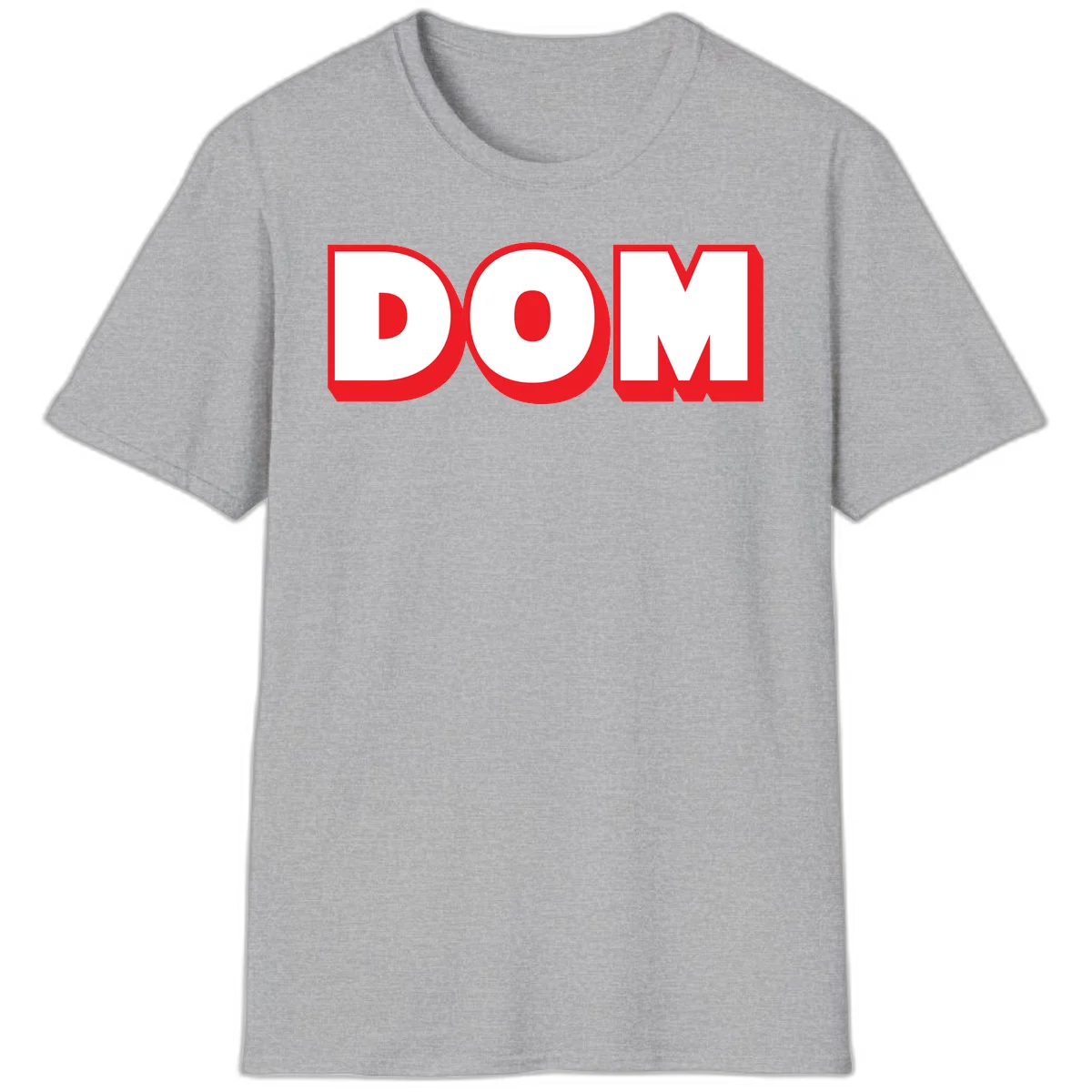 Bold red and white DOM typography design with thick sans-serif letters on gray background in Sport Grey