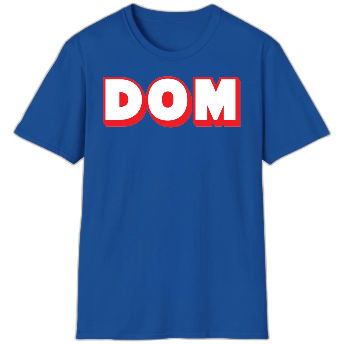 Bold red and white DOM typography design with thick sans-serif letters on gray background in Royal