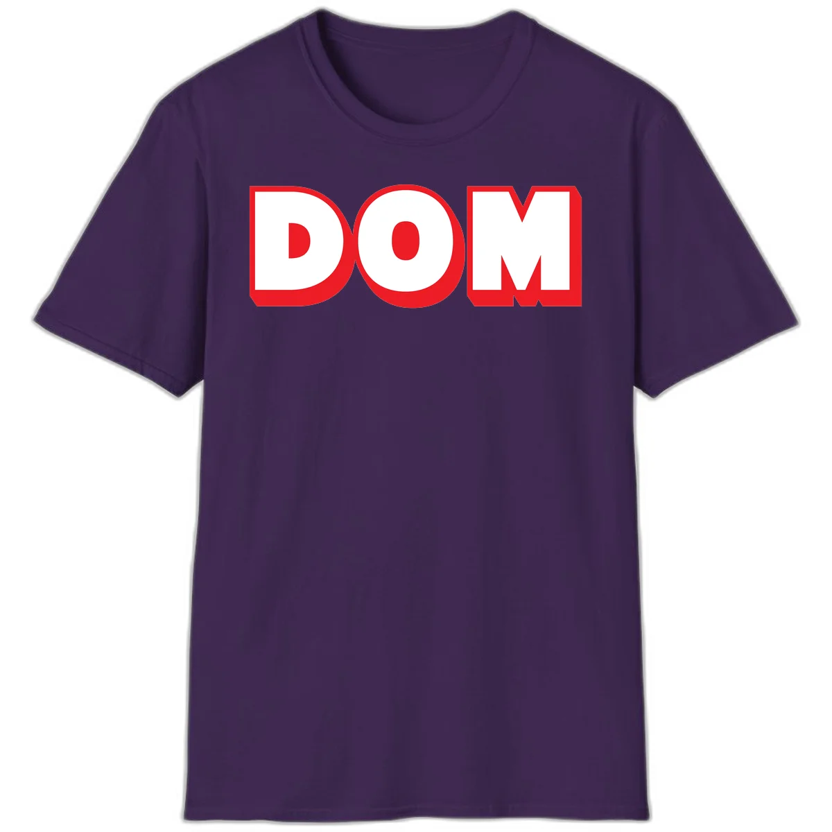 Bold red and white DOM typography design with thick sans-serif letters on gray background in Purple