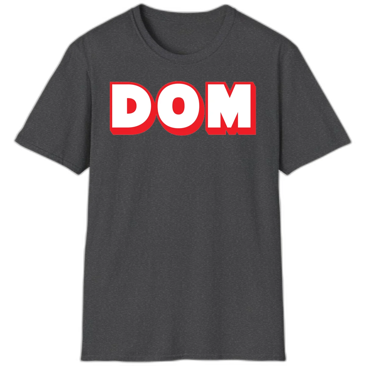 Bold red and white DOM typography design with thick sans-serif letters on gray background in Dark Heather