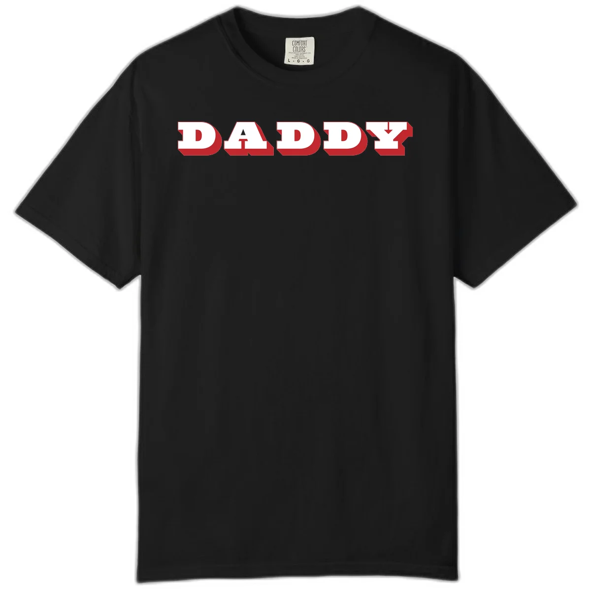 Bold red and white DADDY text with 3D shadow effect and downward arrow on gray background in Black
