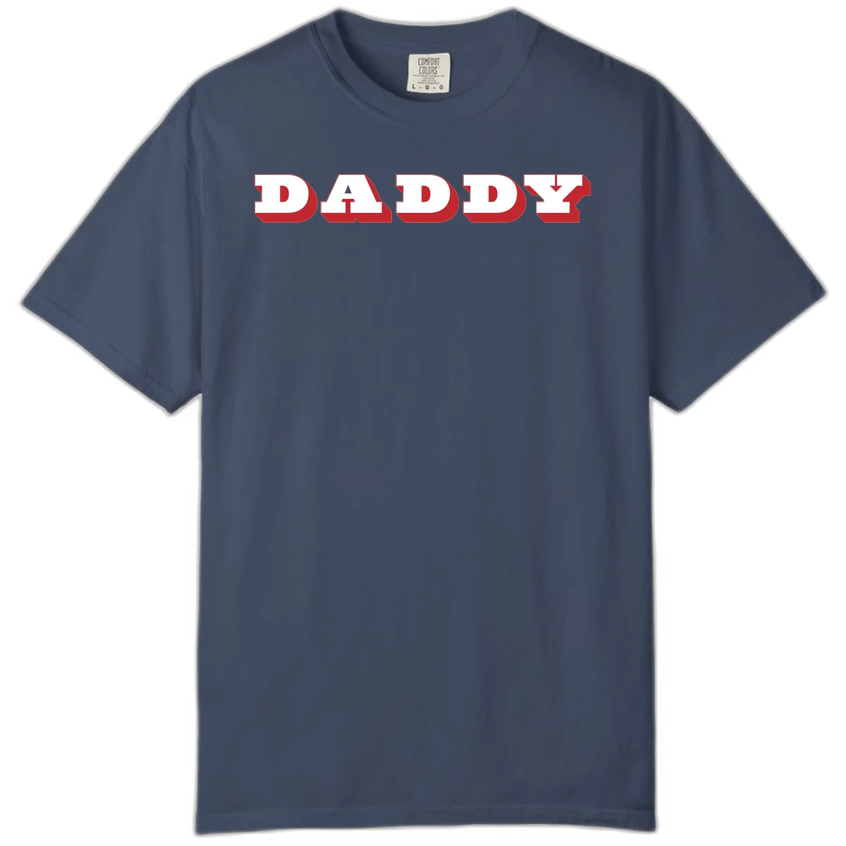 Bold red and white DADDY text with 3D shadow effect and downward arrow on gray background in Midnight