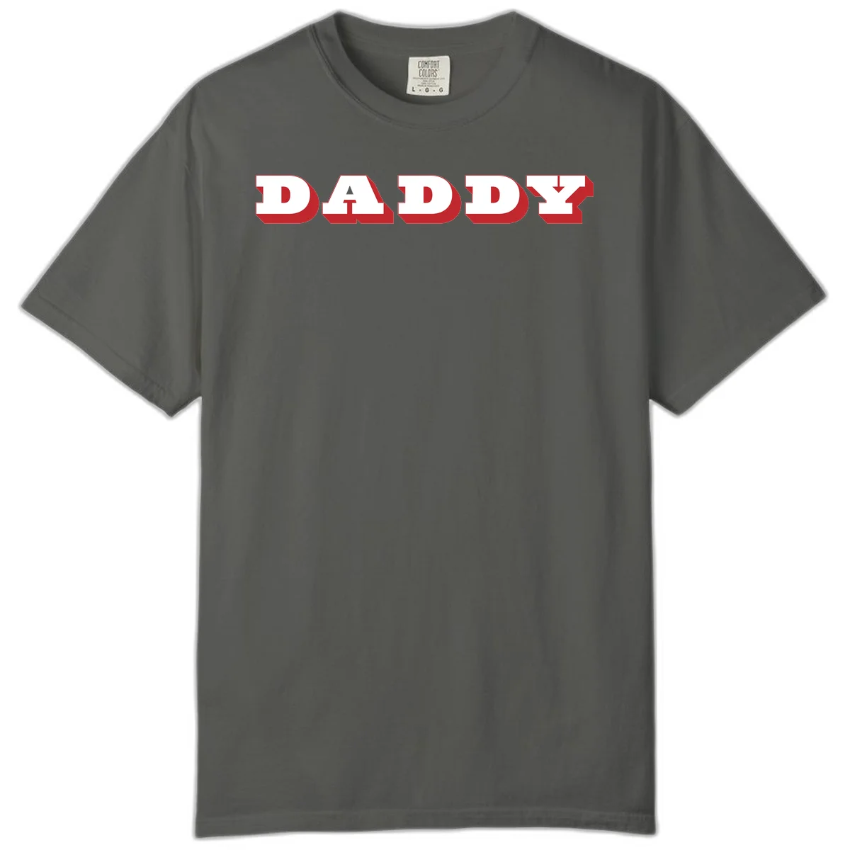Bold red and white DADDY text with 3D shadow effect and downward arrow on gray background in Pepper