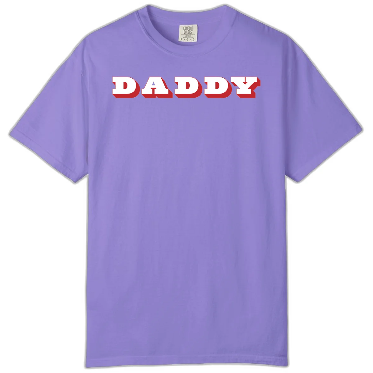 Bold red and white DADDY text with 3D shadow effect and downward arrow on gray background in Violet
