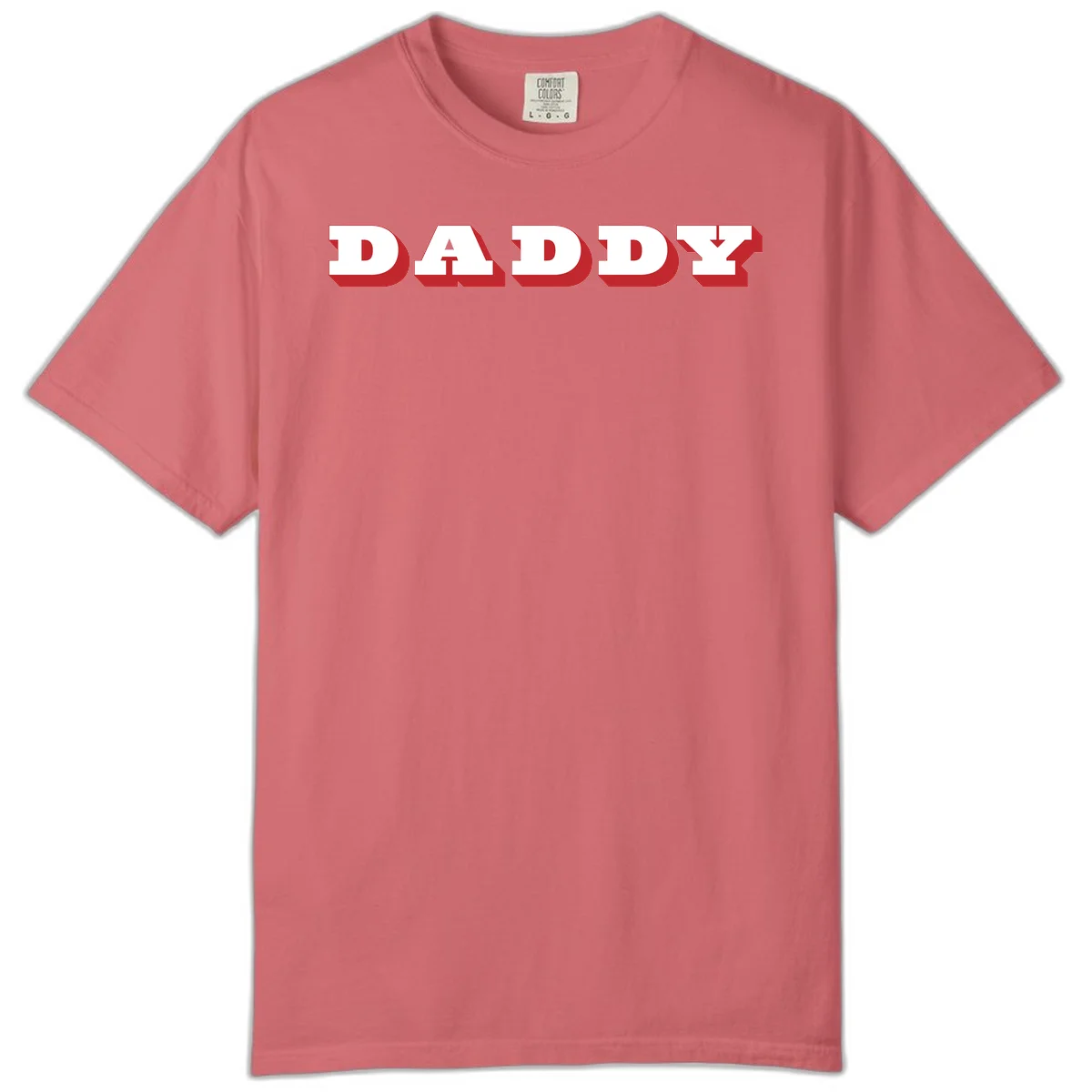 Bold red and white DADDY text with 3D shadow effect and downward arrow on gray background in Watermelon