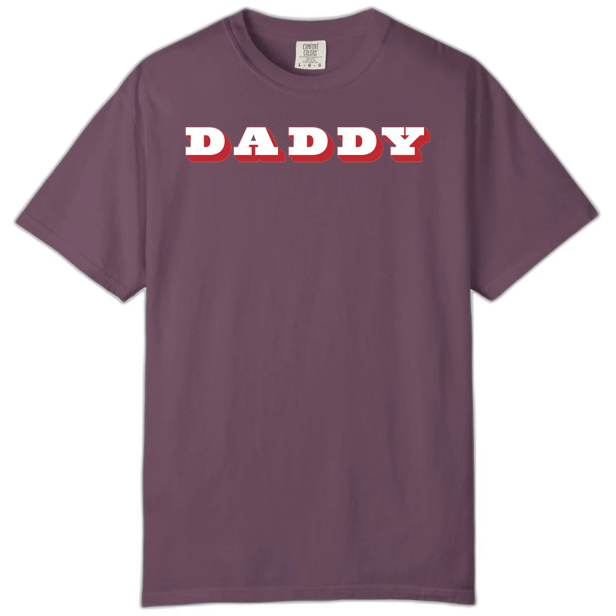 Bold red and white DADDY text with 3D shadow effect and downward arrow on gray background in Berry