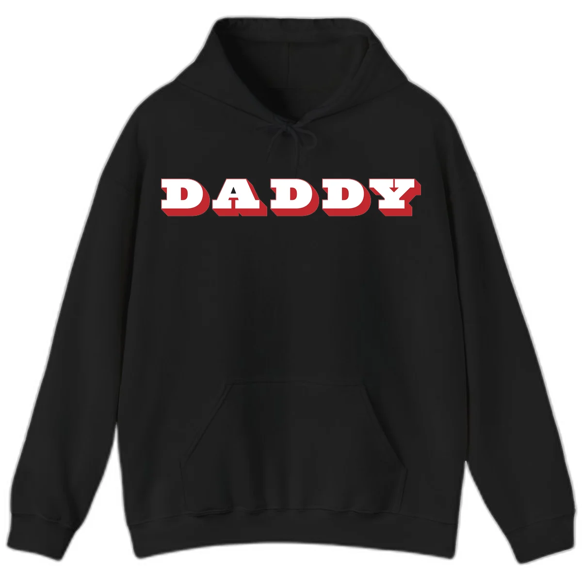 Bold red and white DADDY text with 3D shadow effect and downward arrow on gray background in Black