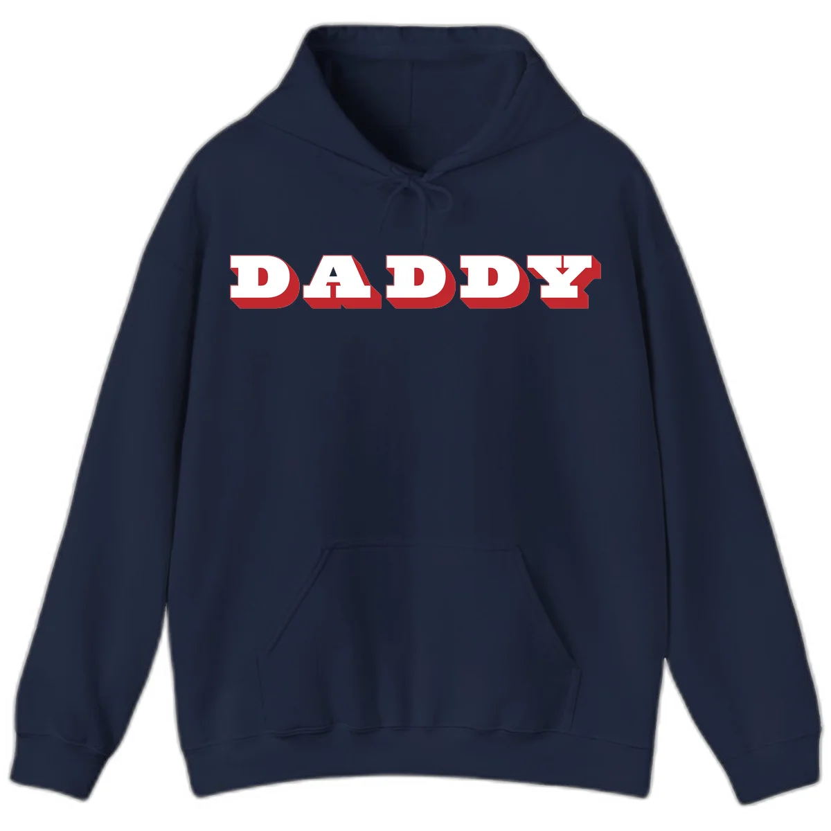Bold red and white DADDY text with 3D shadow effect and downward arrow on gray background in Navy