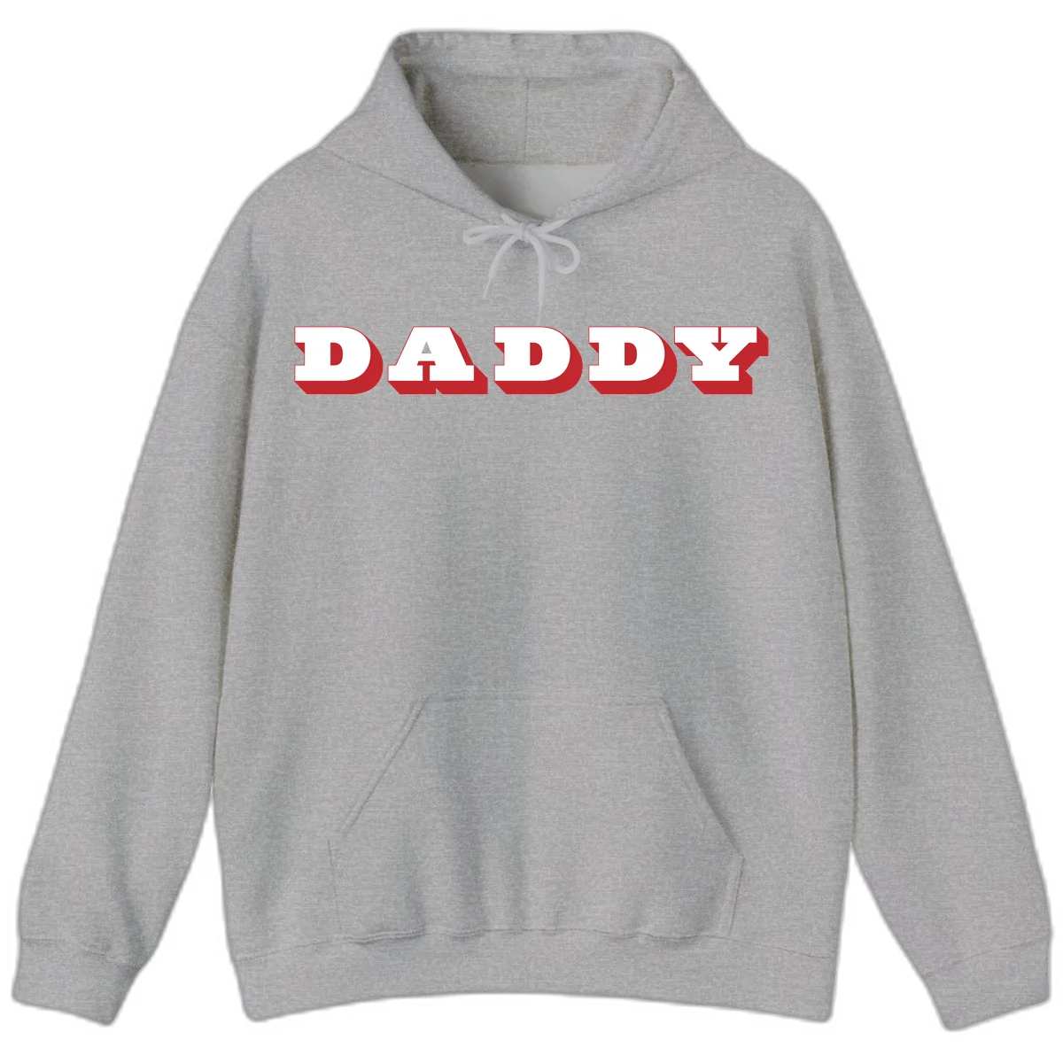 Bold red and white DADDY text with 3D shadow effect and downward arrow on gray background in Sport Grey