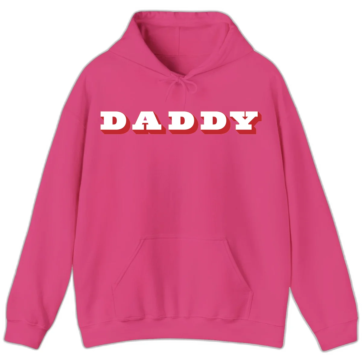 Bold red and white DADDY text with 3D shadow effect and downward arrow on gray background in Heliconia