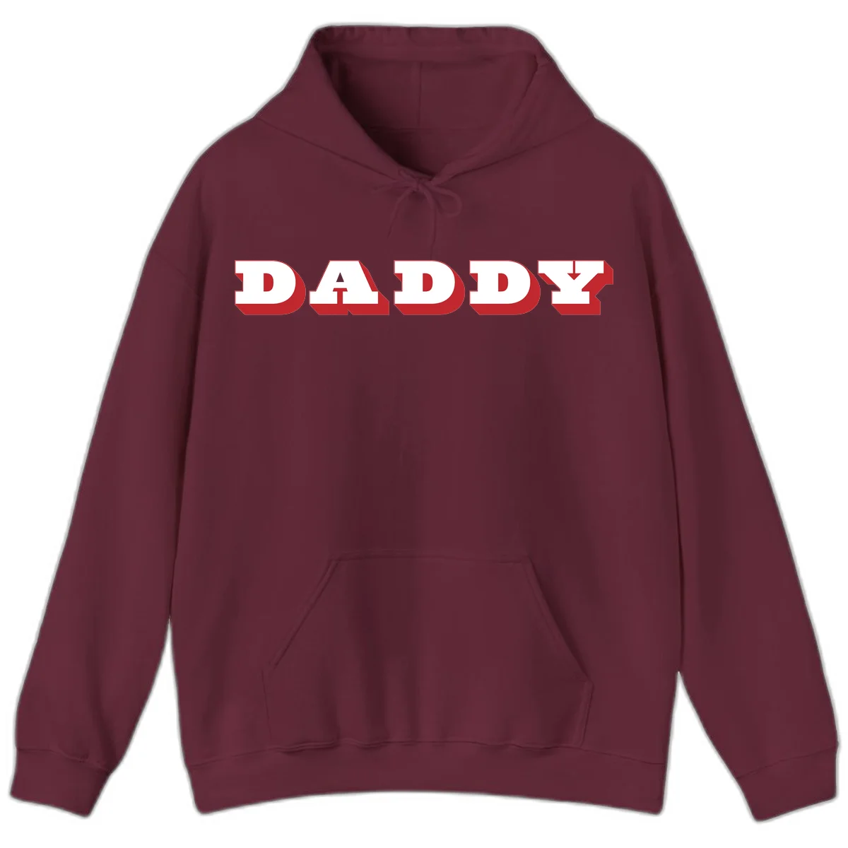 Bold red and white DADDY text with 3D shadow effect and downward arrow on gray background in Maroon