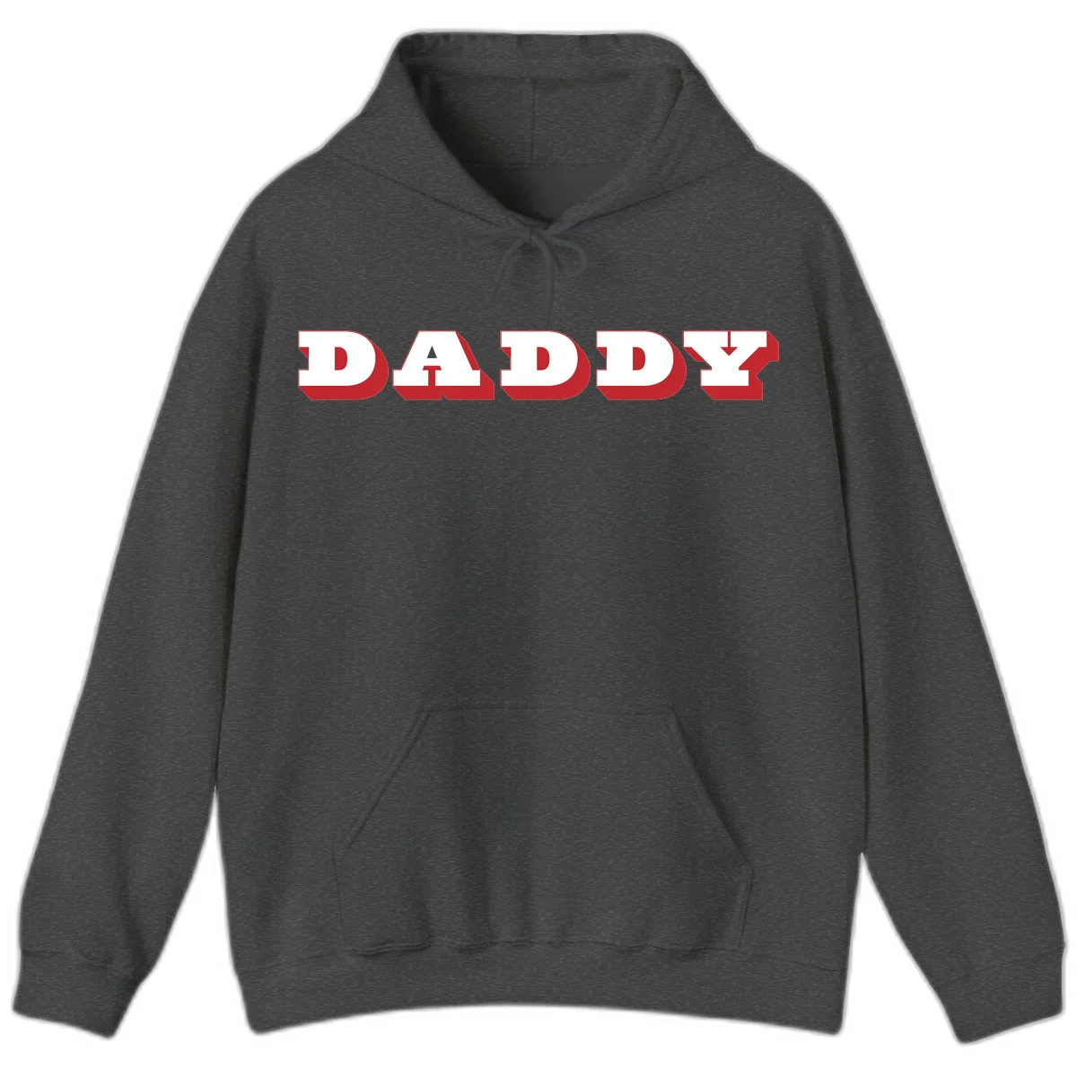 Bold red and white DADDY text with 3D shadow effect and downward arrow on gray background in Dark Heather