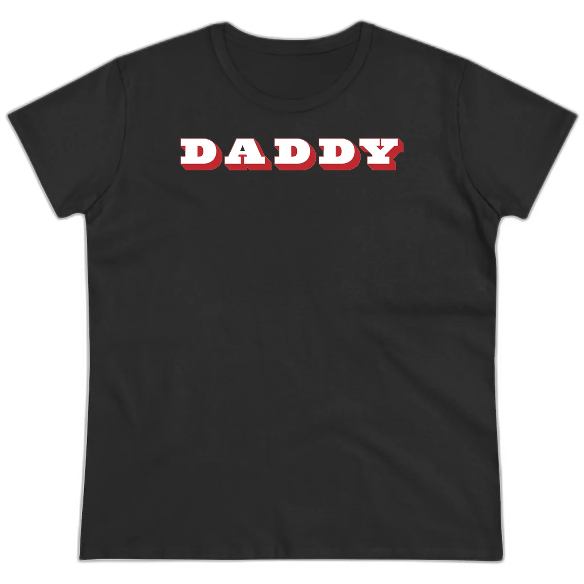 Bold red and white DADDY text with 3D shadow effect and downward arrow on gray background in Black