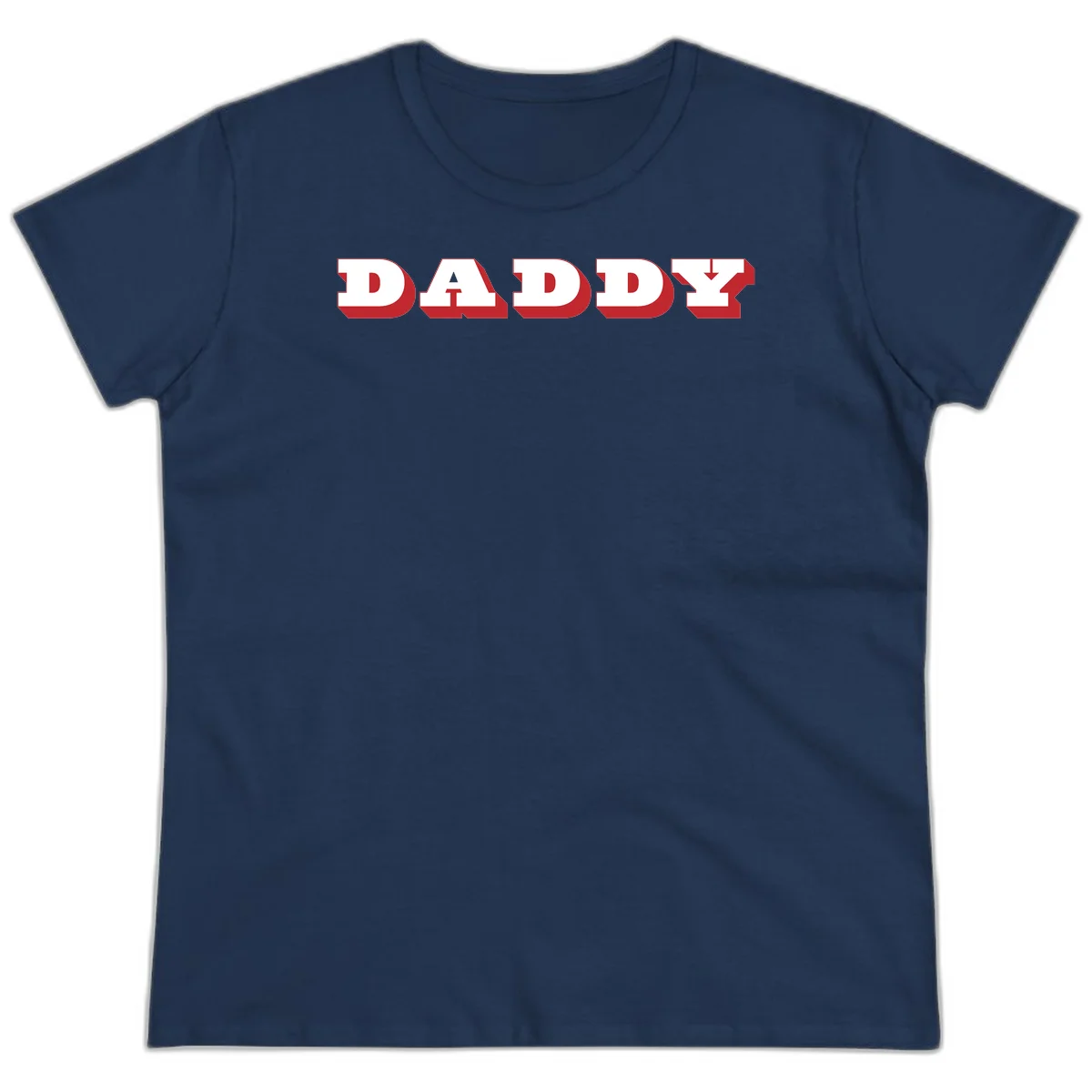 Bold red and white DADDY text with 3D shadow effect and downward arrow on gray background in Navy