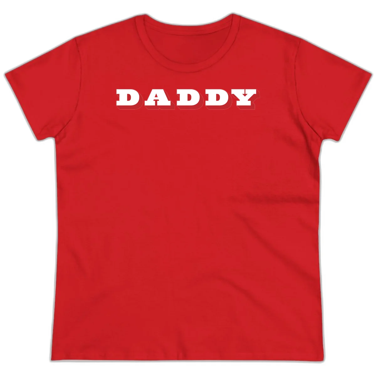 Bold red and white DADDY text with 3D shadow effect and downward arrow on gray background in Red